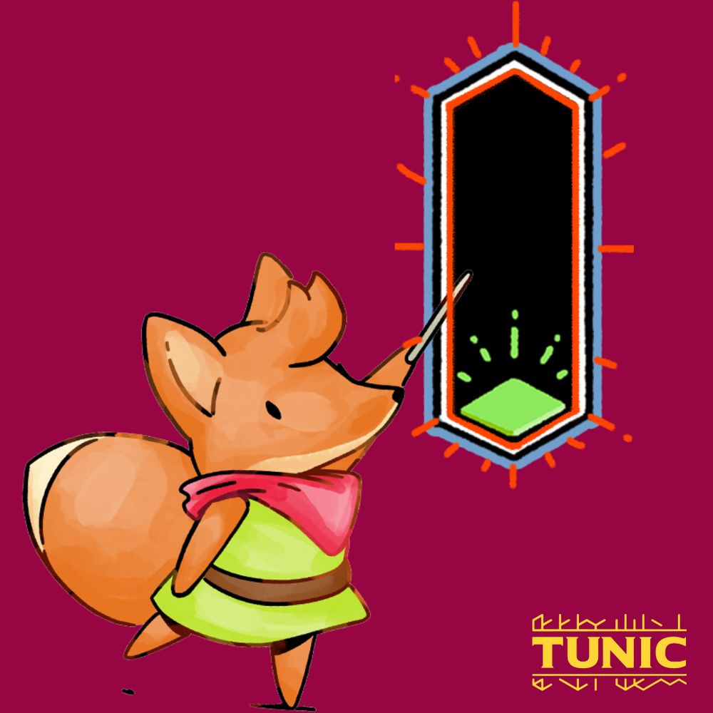 Illustration from TUNIC featuring the small fox pointing at an empty stamina bar. 