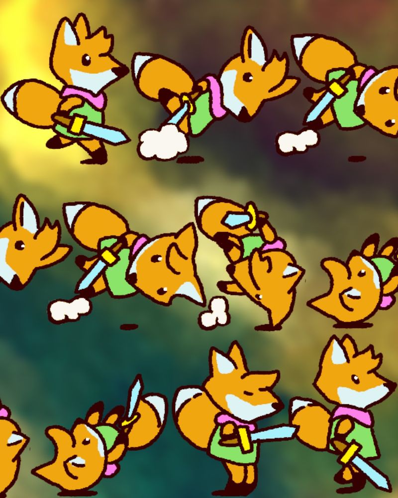 Illustrations of the fox from TUNIC in various positions: rolling, running, dodging