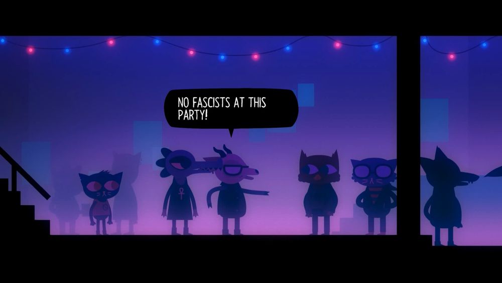 Screenshot from Night in the Woods featuring Mae and Bea at a party with a speech bubble that reads, "NO FASCISTS AT THIS PARTY"