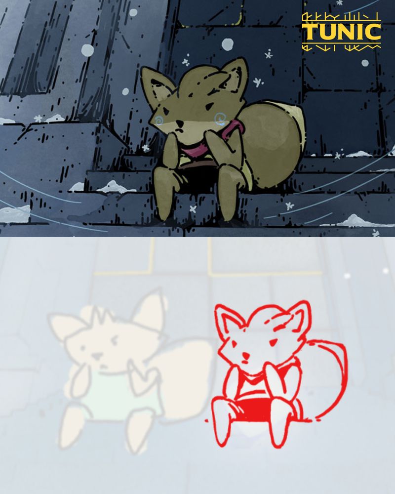 Two images juxtaposed: the first is art from TUNIC featuring the fox sitting on a snowy staircase resting their face in their hands and the second image is sketches of the fox before it was finalized. 