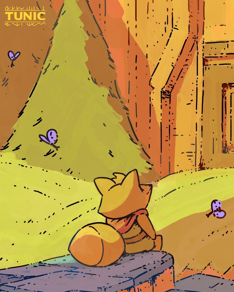 Illustration from the game TUNIC featuring the playable fox resting on a step. 