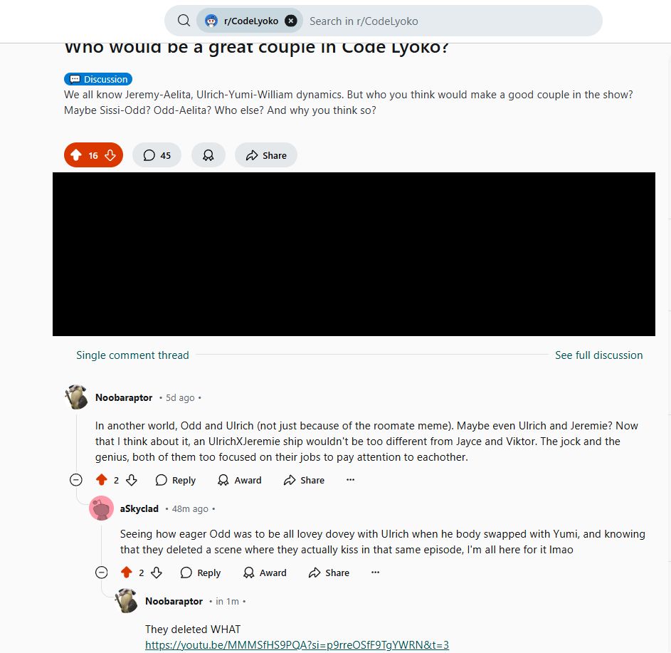 The cray reddit interaction in which I'm told that there's a deleted scene in a post about Code Lyoko ships