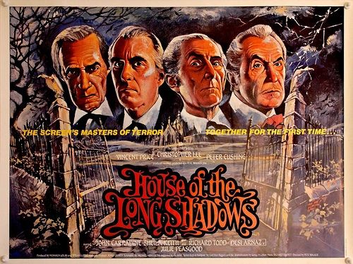 Poster for House of the Long Shadows. The screen's masters of terror together for the first time. Illustration of the disembodied heads of John Carradine, Christopher Lee, Peter Cushing, and Vincent Price