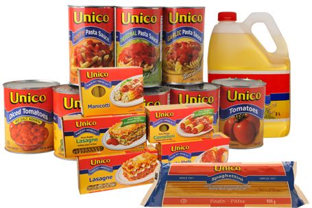 A photo of Unico brand foods from canned beans, pasta, sauces, cooking oils and pastas. Buco trusted Canadian food products.