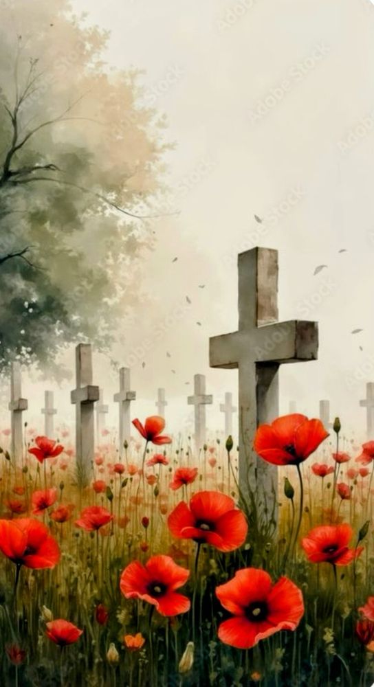 
a painting of a wartime cemetery with crosses
 and poppies abound 