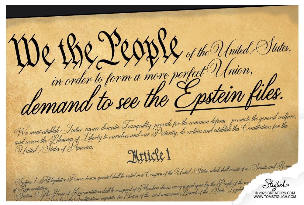 An image that resembles the constitution of the United States of America with the opening phrase, we the people of the United States in order to form a more perfect union demand to see the Epstein files have a great weekend everyone on the both sides of the border Would love from Canada
