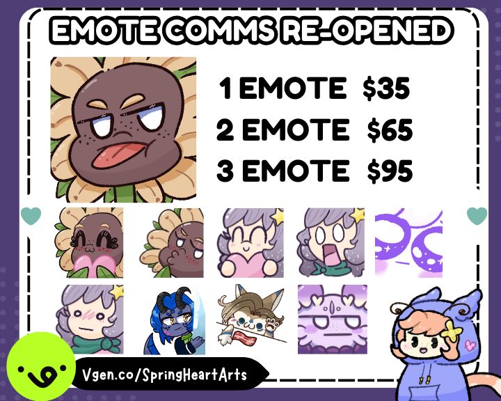 Emote commissions are reopened. 1 Emote $35 CAN, 2 $65 CAN, 3 $95. Draws furrys chibis, animals. 