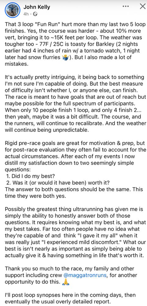 Screenshot of John Kelly’s post following the Barkley Marathons
