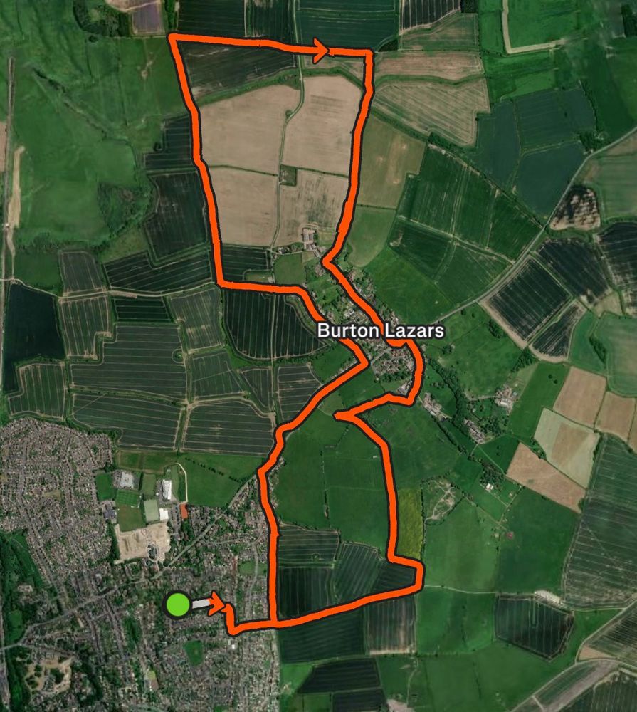 An aerial satellite view of my walk, mostly across Leicestershire farmland 
