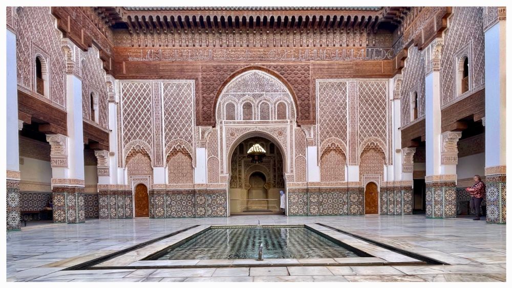 The courtyard at Madrasa Ben Youssef. This stunning building used to be an Islamic school. The building’s interior is very intricately decorated with wood, marble and plaster carvings. The centre piece of the courtyard is a rectangular pool of water 