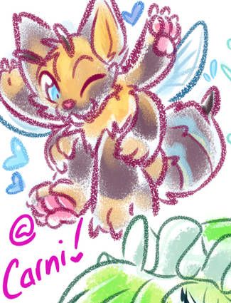 a 2020-drawn 'first design' of beecat (Later would become Honeycomb) in orangey-yellows, dark black-brown and blue