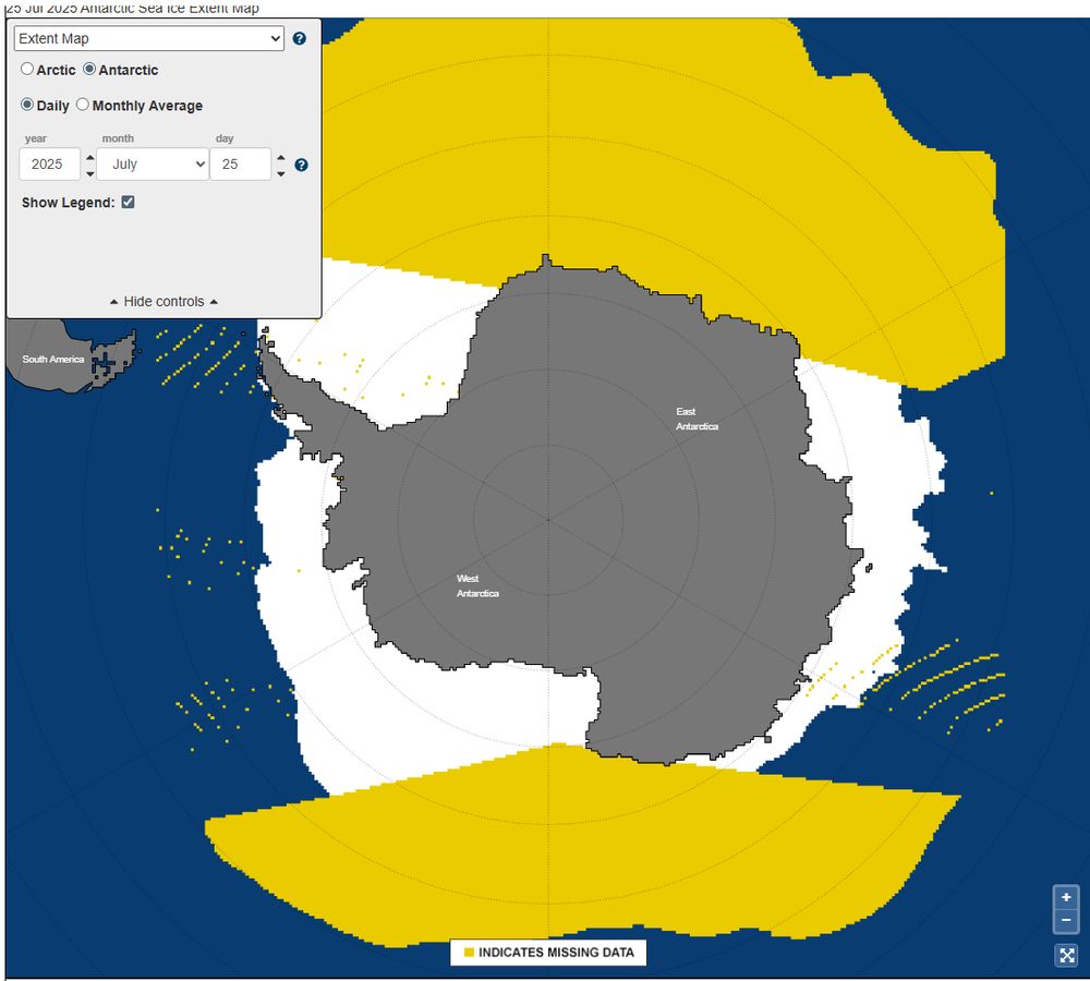 A map showing white sea ice extent around Antarctica, with nearly half of it yellow, indicating missing data.