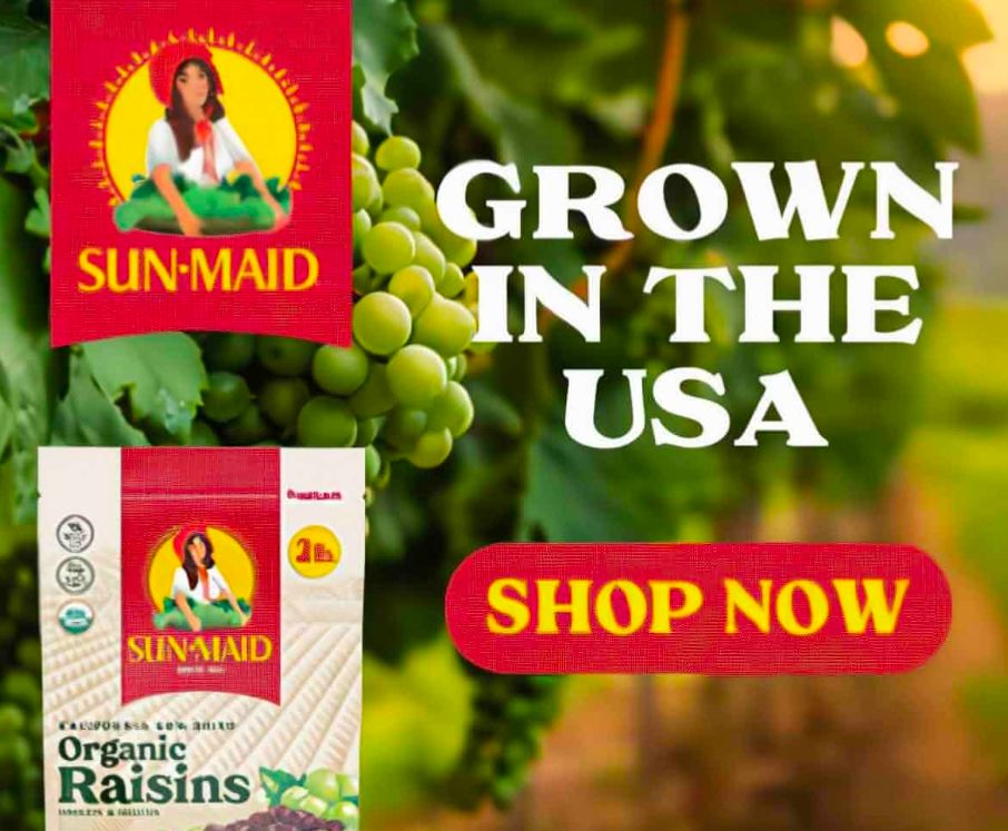 An ad got Sun-Maid raisins. The background has an image of grapes growing on a vine. The grapes are amorphous and appear to grow together, and are probably AI-generated.
