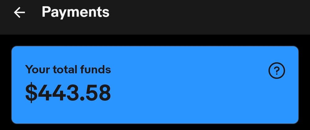 A screenshot from the eBay Payments section of their app. There is a blue box that says "Your total funds - $443.58."