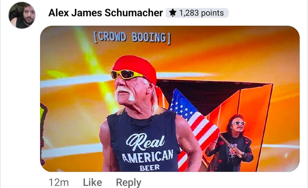 A Facebook comment showing a picture of Hulk Hogan entering the arena, with closed caption "CROWD BOOING"