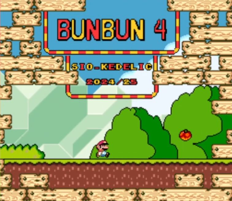 Title screen for my smw hack bunbun 4. Bunbun 4 is written in alternating gold and red font, with a red and yellow border around it. In front are wooden planks covering the front layer. Behind is Mario running in front of green bushes and hills.