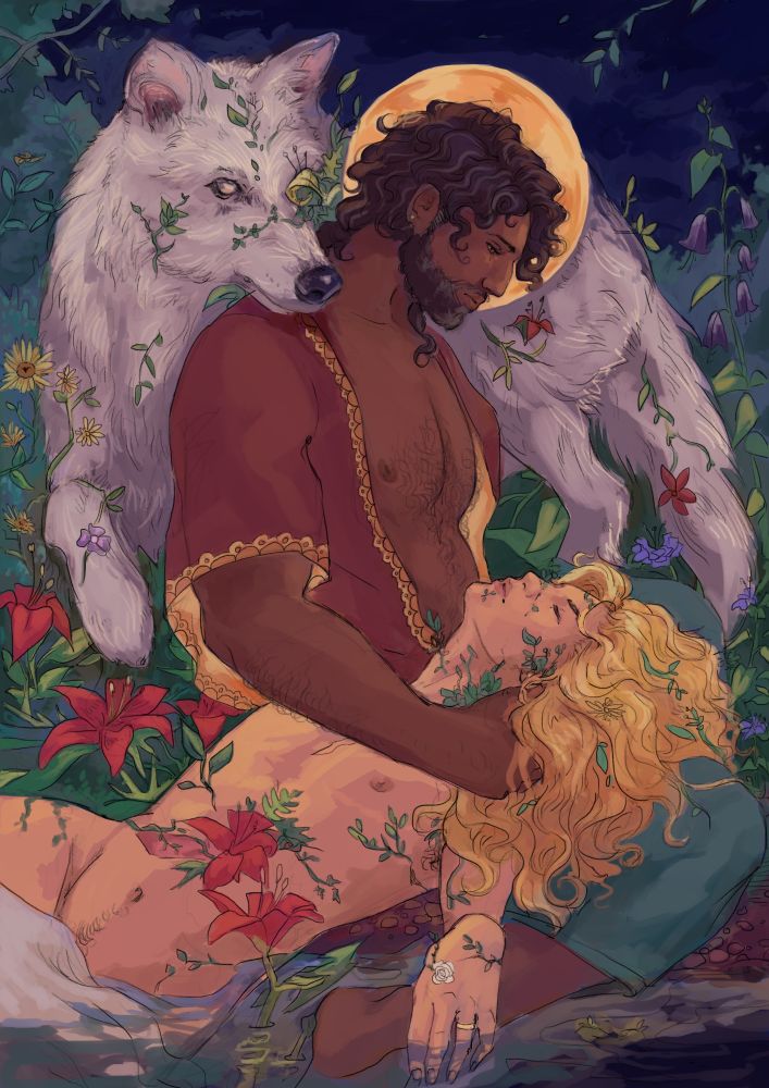 digital drawing in the approximate style of a romance novel cover with a kneeling samothes holding a nude, sleeping samot in his lap at night in the shallows of aubade. a wolf looms over samothes' shoulder, and spring plants are everywhere