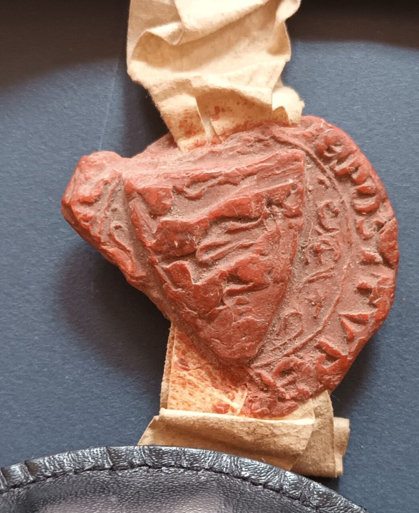 The seal of the office of the mayor of Waterford with a counterseal (on the back of the seal) attached to a deed from 1433 at @nlireland.bsky.social