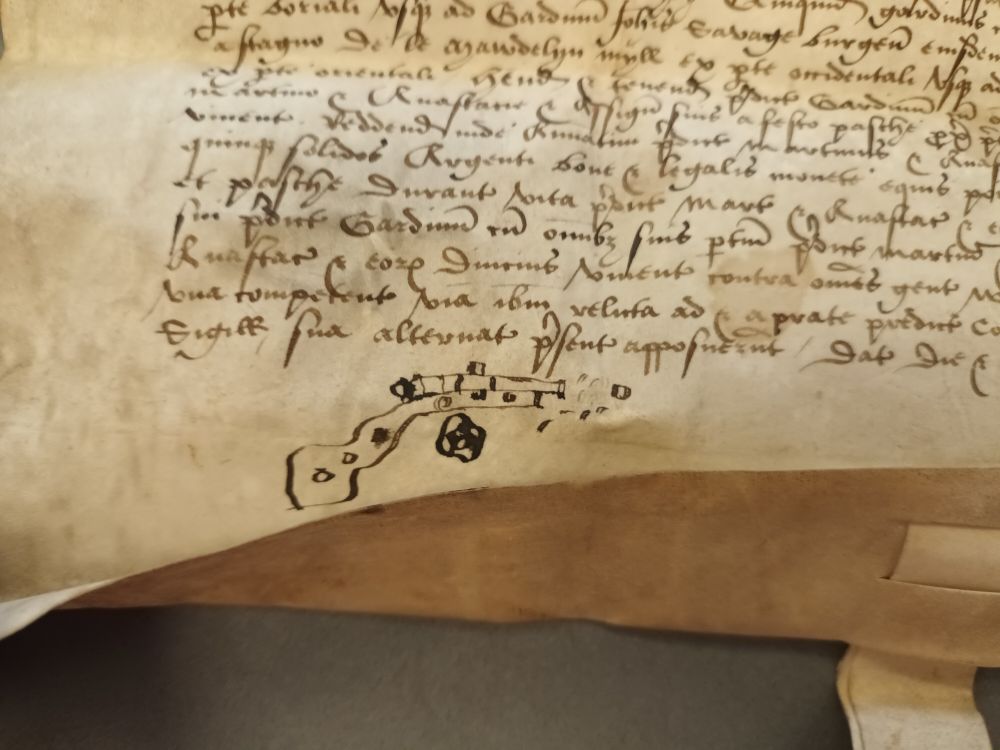 In what may be the oldest depiction of a gun an Irish manuscript - an ink drawing of a musket on a @nlireland.bsky.social  charter from 1543 from the earl of Ormond to a Martin Potercelo granting property in Kilkenny.  Potercelo is described as a 'gonn-' or gonner (gunner) in the grant.