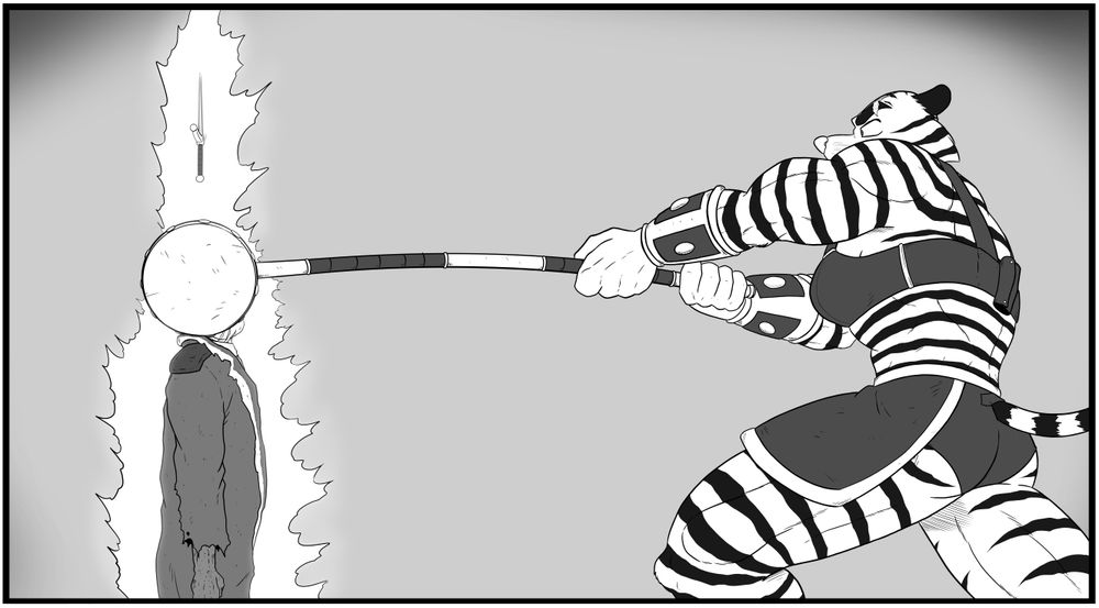 Panel from "Tough as Nails", showing Nails having just swung her hammer at Verdin's skull as hard as she could. It...didn't go as she planned.