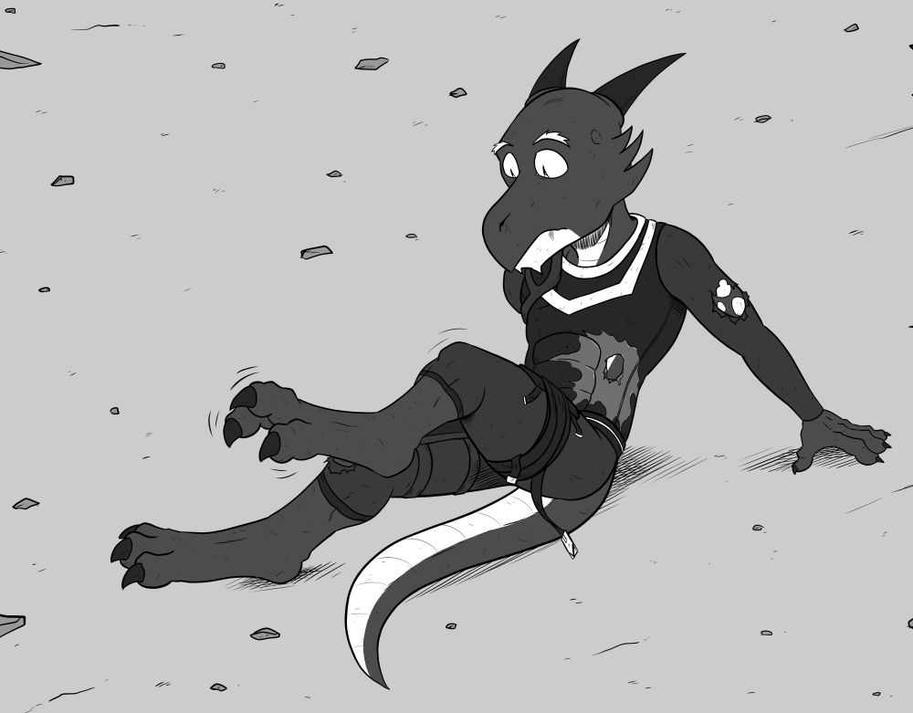 Ravani testing a just-healed leg, his armor torn up and missing parts due to the fight. There's a large hole in the side with blood around it where he was impaled earlier.