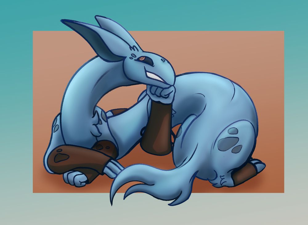 Gleep sitting in a pose that should look uncomfortable due to how her body bends around, yet she looks very content. She does what she wants! She is blue, long, has 4 arms and 2 legs, 2 long ears, and a shortish but bushy tail. There are leather like finger-less sleeves that cover her forearms and feet.