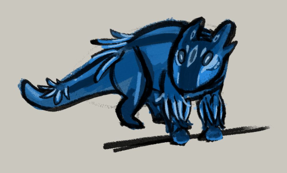 sketch of a slugcat except its my sona holding a spear on the ground, cautiously watching.  