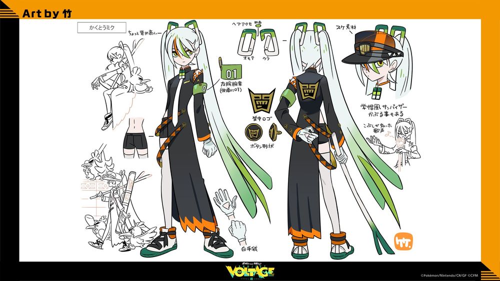 She's a little tall. Her 01 is on an armband on her left hand! She's wearing white gloves. The symbol on her back is also on her buttons! Sometimes she wears a school cap-style sun visor.