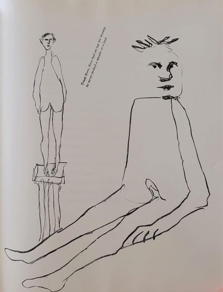 A line drawing of the Roman emperor Nero with a boner, staring at a boy standing on a pedestal and apparently with his ass in the front