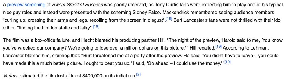 A preview screening of Sweet Smell of Success was poorly received, as Tony Curtis fans were expecting him to play one of his typical nice guy roles and instead were presented with the scheming Sidney Falco. Mackendrick remembered seeing audience members "curling up, crossing their arms and legs, recoiling from the screen in disgust".[19] Burt Lancaster's fans were not thrilled with their idol either, "finding the film too static and talky".[19]

The film was a box-office failure, and Hecht blamed his producing partner Hill. "The night of the preview, Harold said to me, 'You know you've wrecked our company? We're going to lose over a million dollars on this picture,'" Hill recalled.[19] According to Lehman, Lancaster blamed him, claiming that: "Burt threatened me at a party after the preview. He said, 'You didn't have to leave – you could have made this a much better picture. I ought to beat you up.' I said, 'Go ahead – I could use the money.'"[19]

Variety estimated the film lost at least $400,000 on its initial run.