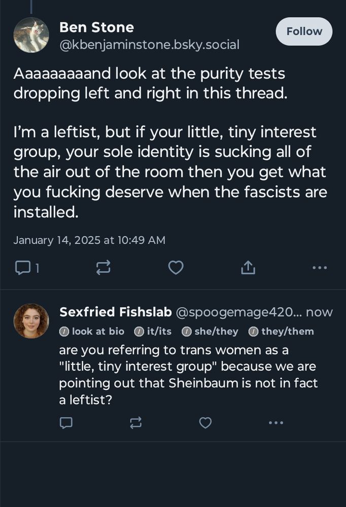 Ben Stone

@kbenjaminstone.bsky.social

Follow

Aaaaaaaaand look at the purity tests dropping left and right in this thread.

I'm a leftist, but if your little, tiny interest group, your sole identity is sucking all of the air out of the room then you get what you fucking deserve when the fascists are installed.

January 14, 2025 at 10:49 AM

1

Sexfried Fishslab @spoogemage420... now

look at bioit/its

she/they

they/them

are you referring to trans women as a "little, tiny interest group" because we are pointing out that Sheinbaum is not in fact a leftist?