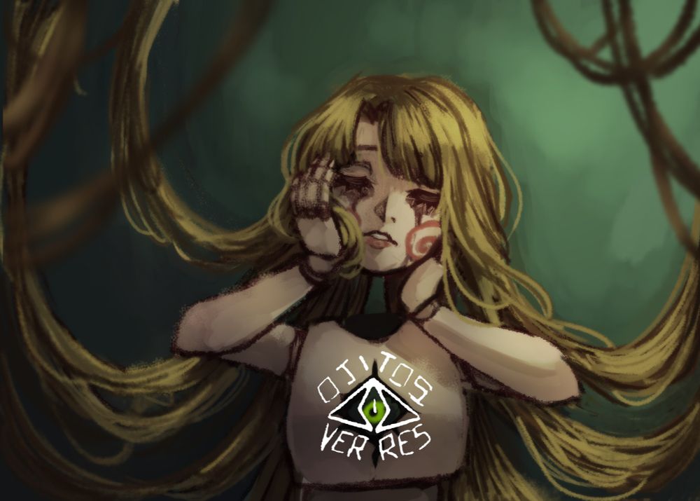 Una muñeca con cabello extremadamente largo que perdió su cabeza, la cual sujeta con ambas manos tratando de volver a colocarla en su sitio a pesar de ya no tener cuello.