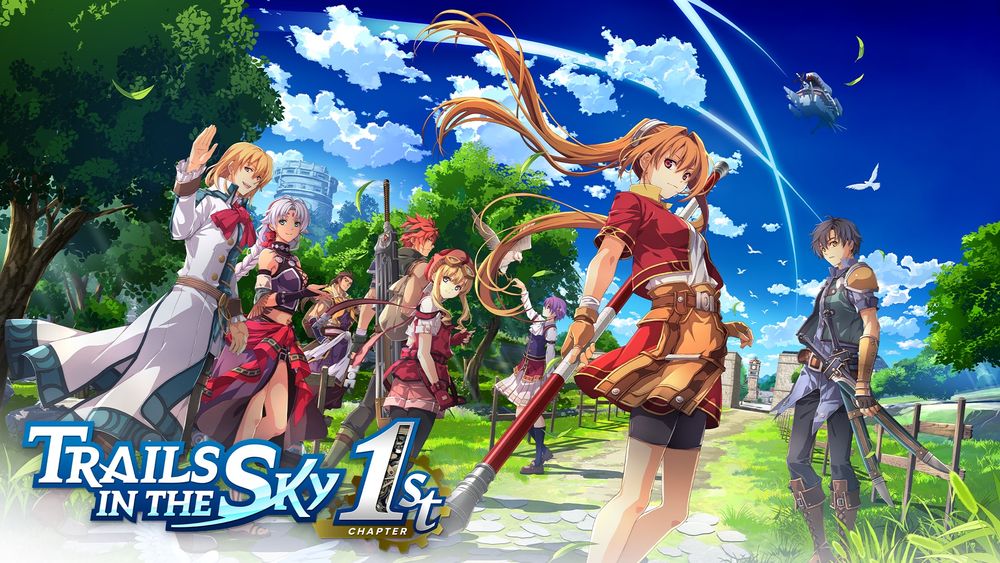 Trails in the Sky 1st Chapter title screen featuring Estelle, Joshua, Olivier, Scherazard, Zin, Agate, Tita, Sieg, and Kloe