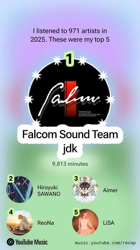 I listened to 971 artists in 2025. These were my top 5:
1. Falcom Sound Team jdk
2. Hiroyuki Sawano
3. Aimer
4. ReoNa
5. LiSA