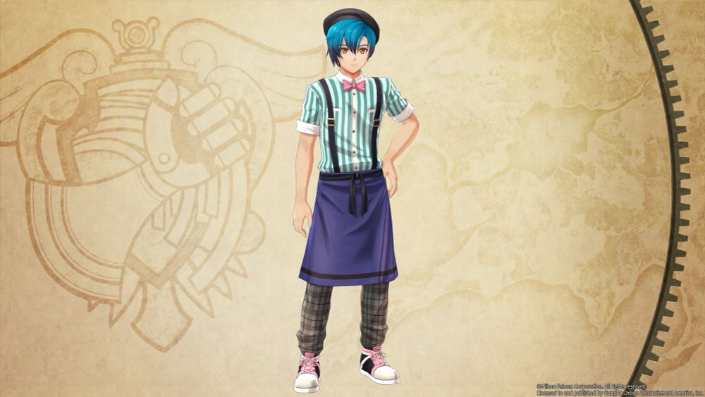 Joshua in diner outfit with two-color blue hair