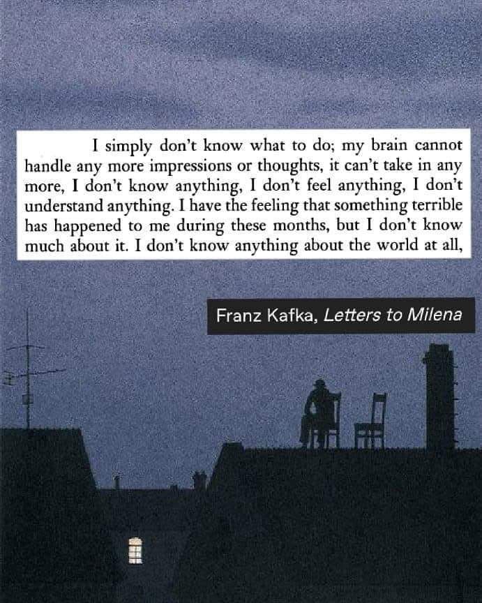 Franz Kafka quote: “I simply don't know what to do; my brain cannot handle any more impressions or thoughts, it can't take in any more, I don't know anything, I don't feel anything, I don't understand anything. I have the feeling that something terrible has happened to me during these months, but I don't know much about it. I don't know anything about the world at all,” from Letters to Milena