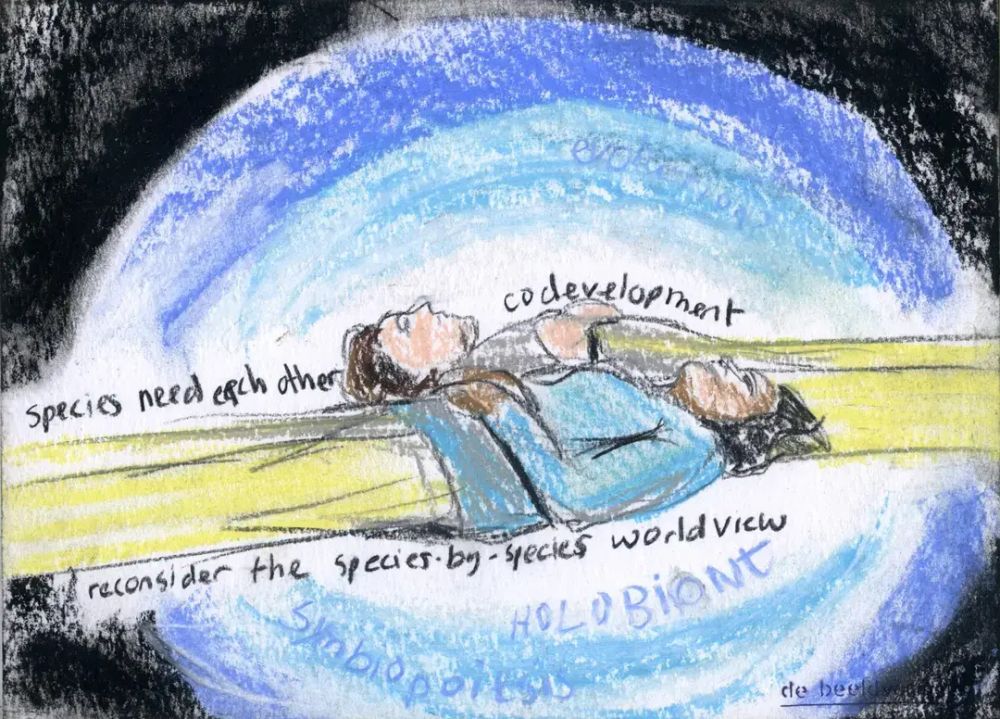 Otra ilustración-boceto a ceras artísticas donde, sobre un fondo primero oscuro y luego una especie de elipse azul oscuro en el borde y luego azul claro, donde se leen las palabras "holobiont" "simbioiesis" "evolution" a duras penas, hay como dos personas tumbadas vistas de lado, en sentidos opuestos pero juntas, sobre las cuales se lee "Species need each other" "reconsider the species-by-species worldview" "codevelopment"