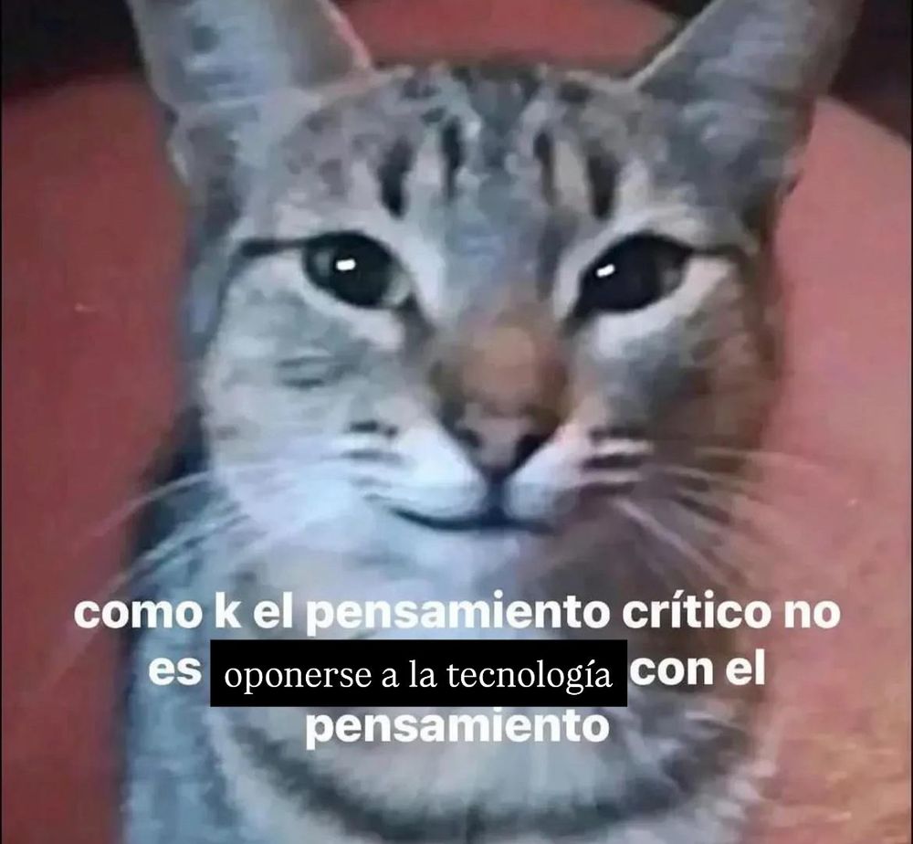 Meme de un gato que pone “como ke el pensamiento crítico no es oponerse a la tecnología con el pensamiento”