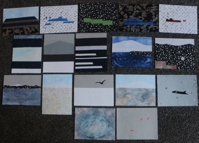 17 postcard sized fabric cards with various scenes. The top five are some of the science research stations, Qinling, Jang bogo, Scott Base, Zucchelli, ad Gondwana. Also experimenting using ink pencils on the fabric.