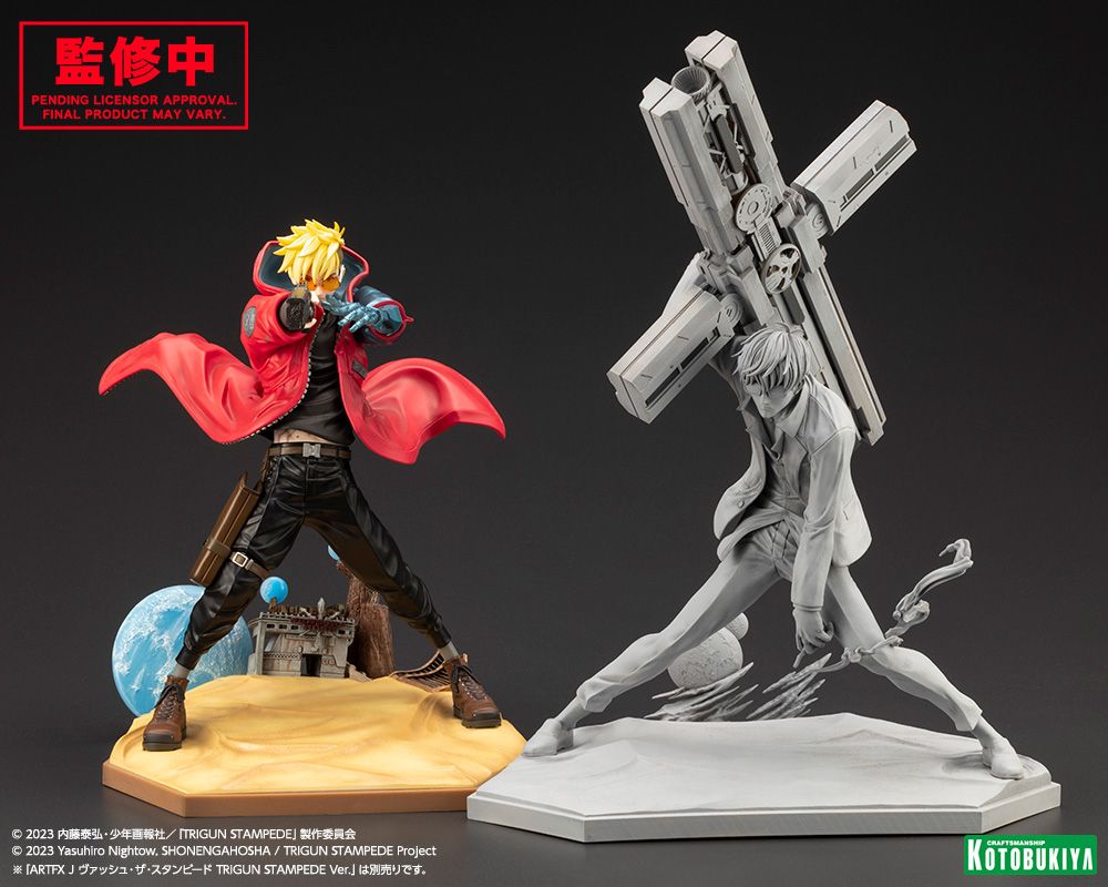 An unpainted sample sculpt of Nicholas D. Wolfwood from Trigun Stampede from Kotobukiya, ext to the finished sculpt of Vash the Stampede. Wolfwood is hunched over, effortlessly lofting the Punisher with one hand to fire the laser end, while holding a lit, smoking cigarette in the other hand.