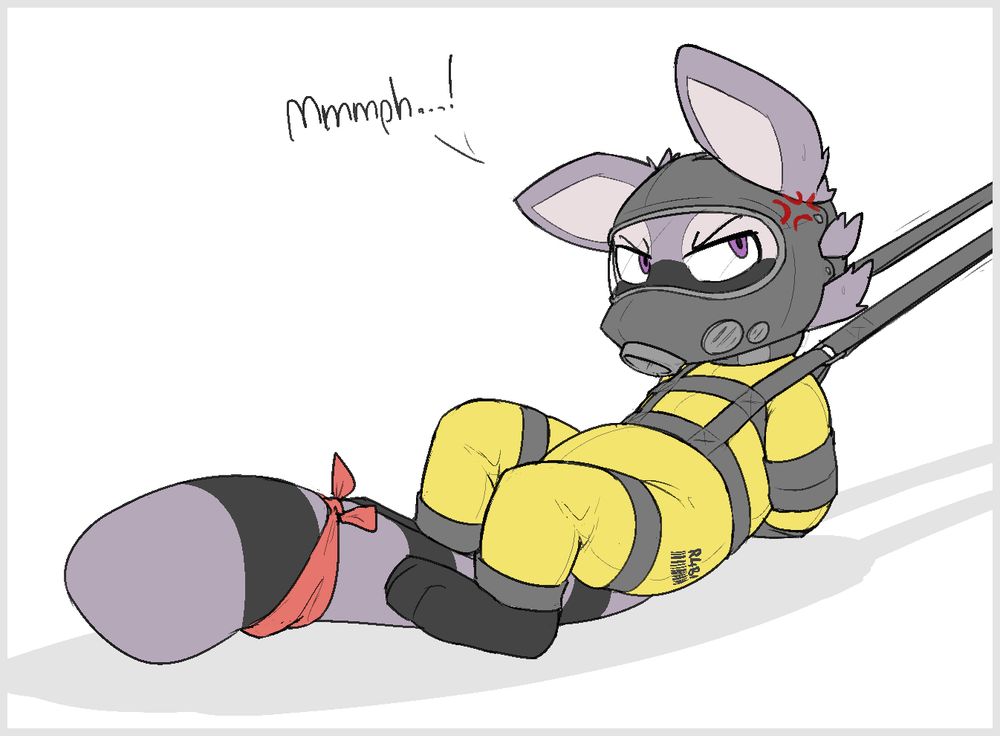 rambley the raccoon is tied up while wearing a yellow rubber suit. The suit is covered with a leather harness and has a barcode on it. 
Rambley's arms are box-tied behind his back and he's forced to wear a gas mask as he's dragged off screen via his harness. 
His little scarf is tied around his tail, just to taunt him~!