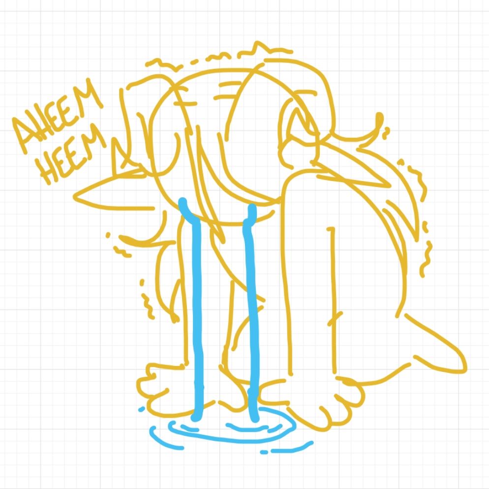 A simplified cartoonish doodle of Yorin, a tiefling cleric, on his hands and knees with tears pooling in front of him. He is shaking with words written beside him reading "AHEEM HEEM"