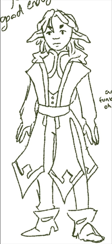 An uncolored sketch of an elf with long droopy ears and short dreads. 