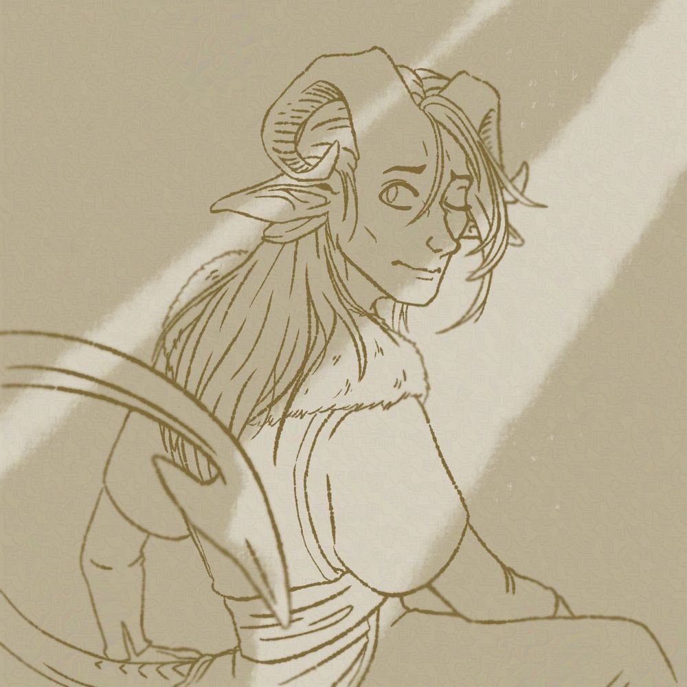 A lined drawing of Yorin, a tiefling with ram horns and one eye, sitting and looking back over his shoulder. His tail curls behind him into the foreground, and his hair is pulled into a half ponytail.