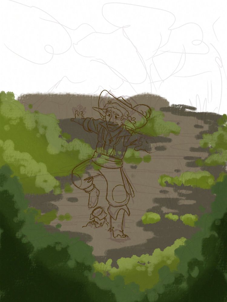 Half drawn image of a man with long floppy ears and a vaguely pirate-like outfit (boots, pants, vest, shash, and a large hat with a feather) wading clumsily through brush and mud. His boot has come off one foot and is stuck in the mud, and he balances awkwardly on the other, which is half buried.