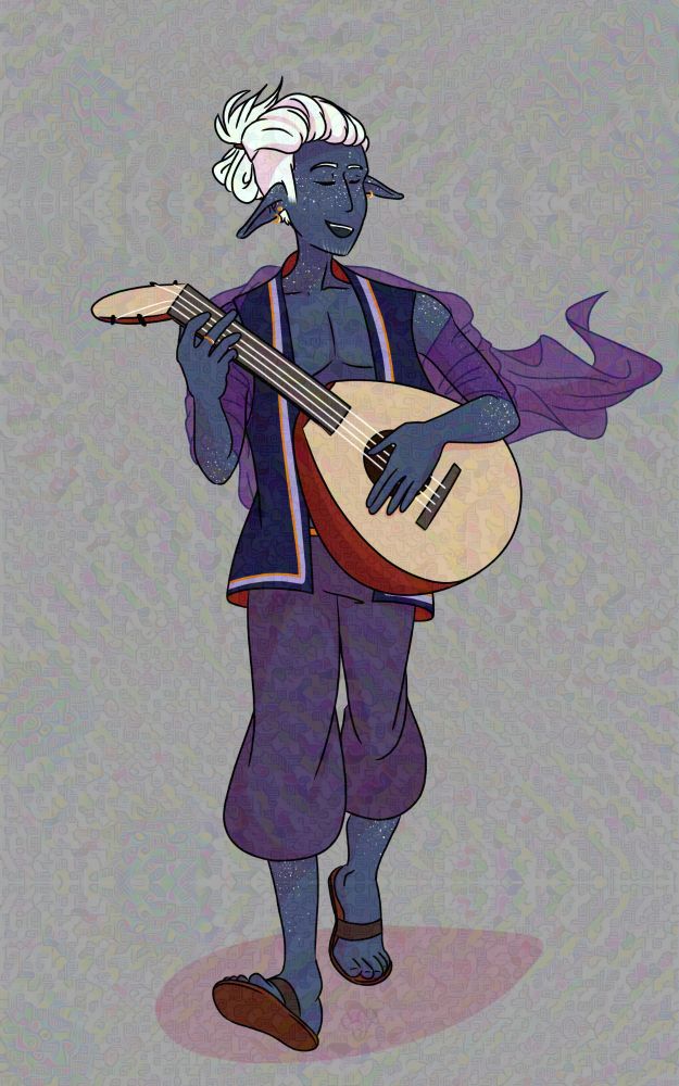 The same drawing once more, but with a drastically different design of Icabo. He looks significantly younger and even slimmer/taller, with no wrinkles and very little facial hair. He wears no hat, shirt, or boots, instead dressed in the vest, pants, and sandals. The sash tied around his waist in newer versions is instead wrapped around his shoulders like a scarf or shawl. His hair is regular hair instead of clouds, shaved at the sides and tied up at the back.