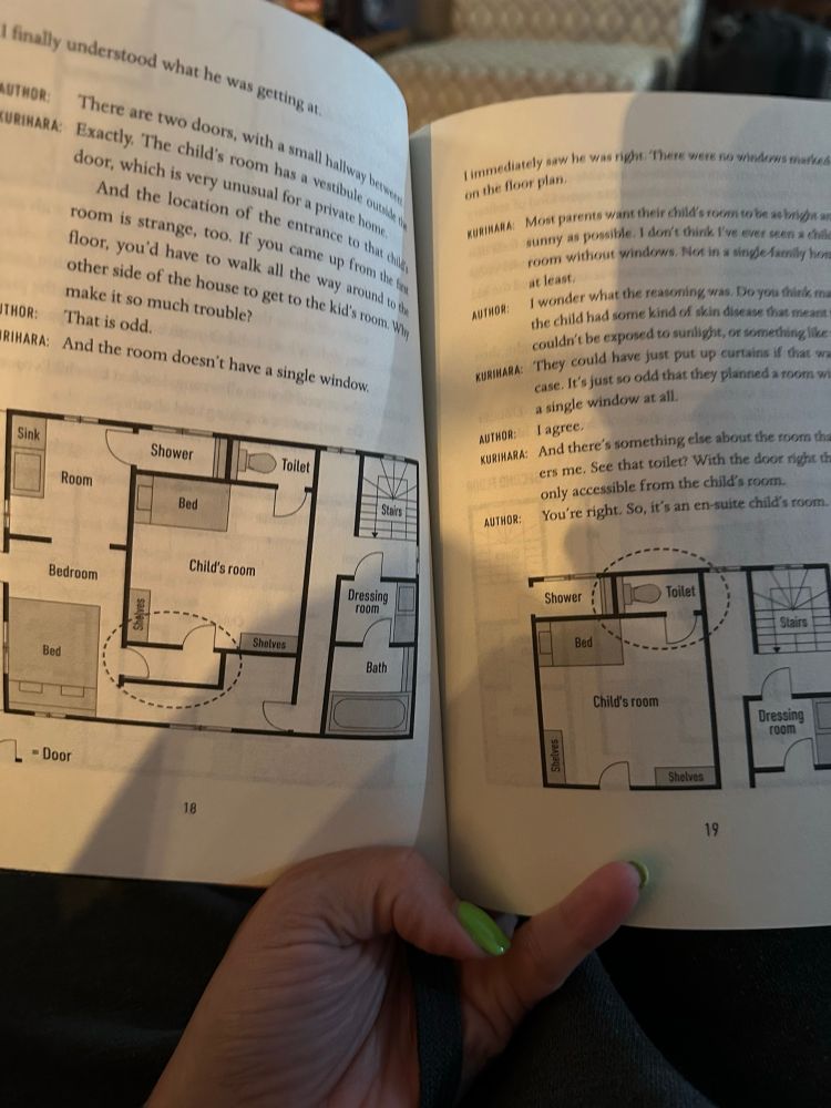 A couple of sample pages. The book works as a horror/mystery that readers solve along with the characters, using a combination of house plans and conversation transcripts. 