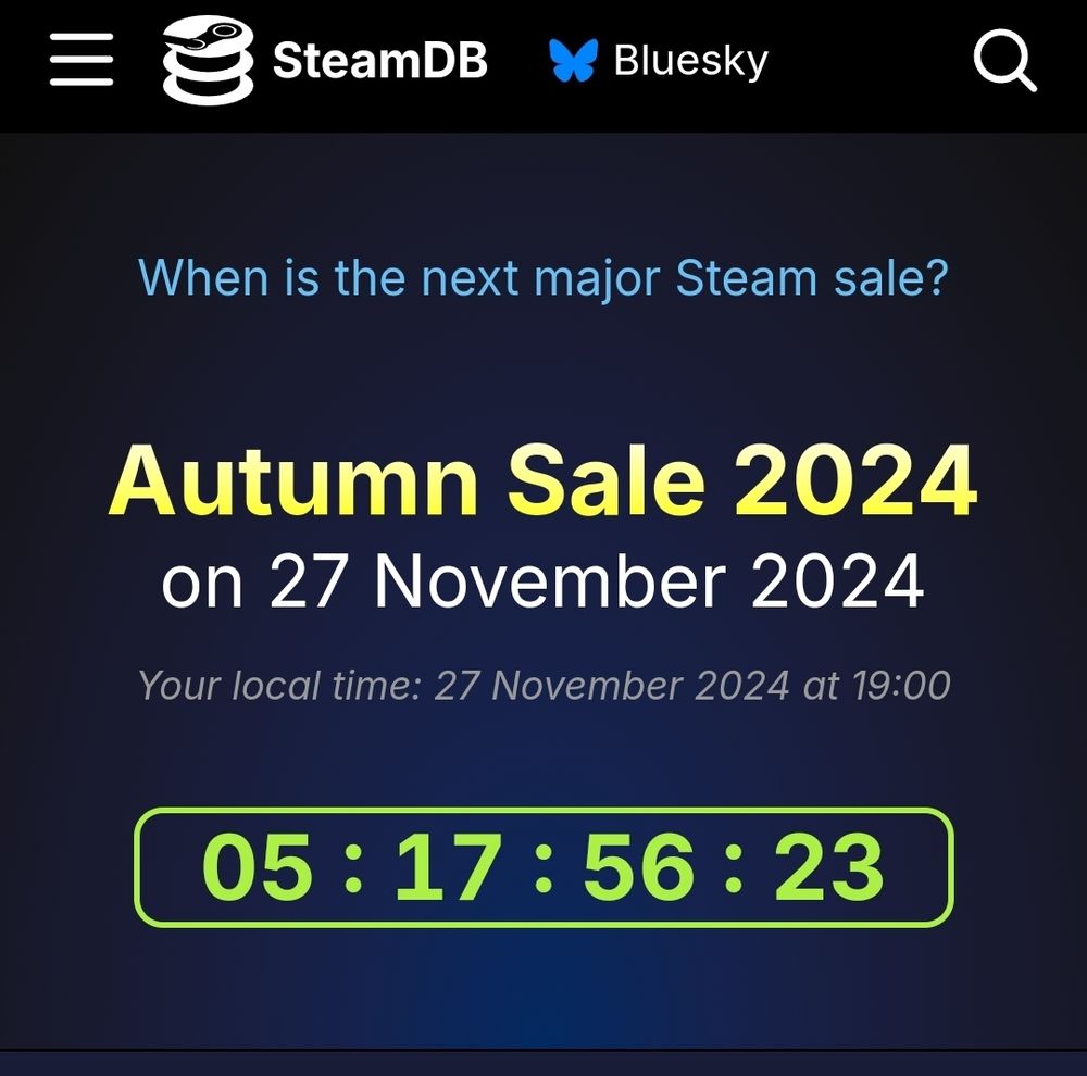 Capture d'écran du site internet Steam DB montrant un compte à rebours avant les soldes d'automne de Steam. Le compte à rebours indique 5 jours, 17 heures, 56 minutes et 23 secondes.