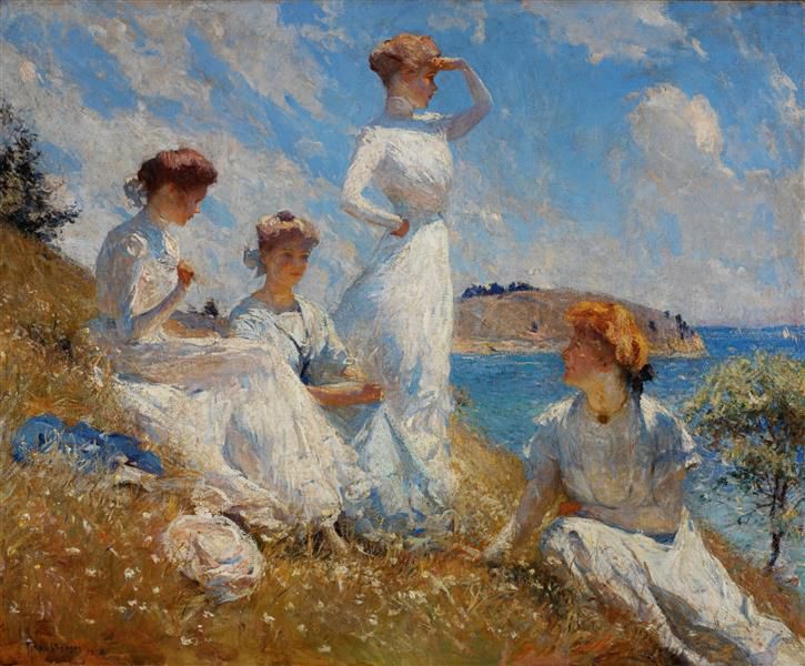 Summer.  Frank Weston Benson (1862-1951).  1909.  Rhode Island School of Design Museum of Art.  Providence, Rhode Island. 
Benson was an American impressionist trained in Boston.  This painting depicts his four daughters, off the coast of Maine.  They all wear white dresses, three are seated.  One stands looking out towards the sea.  The brushstrokes for the clouds and vegetation along with the use of lighting are a great example of plein-air Impressionism.