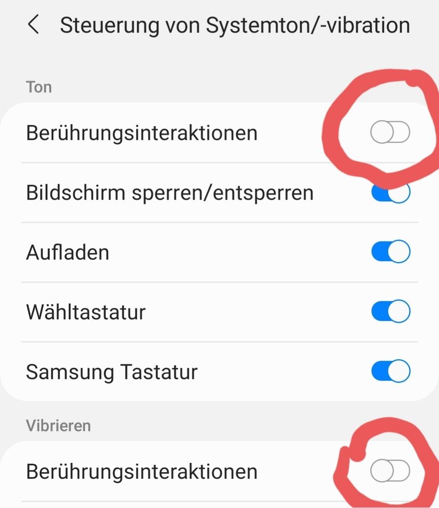 Screenshot von Einstellungen zur Steuerung von Systemton. Ton- und Vibrationen als Berührungsinteraktionen sind deaktiviert.